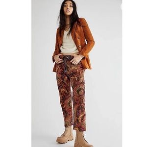 Free People City Slouch Paisley magenta corduroy elastic waist pants